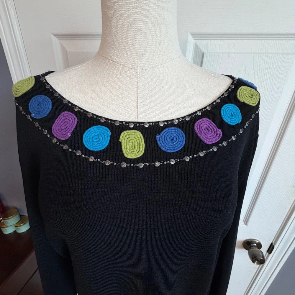 Ruby Rd Womens XL Black Knit Top Embellished Spiral Neckline Long Sleeve NWT